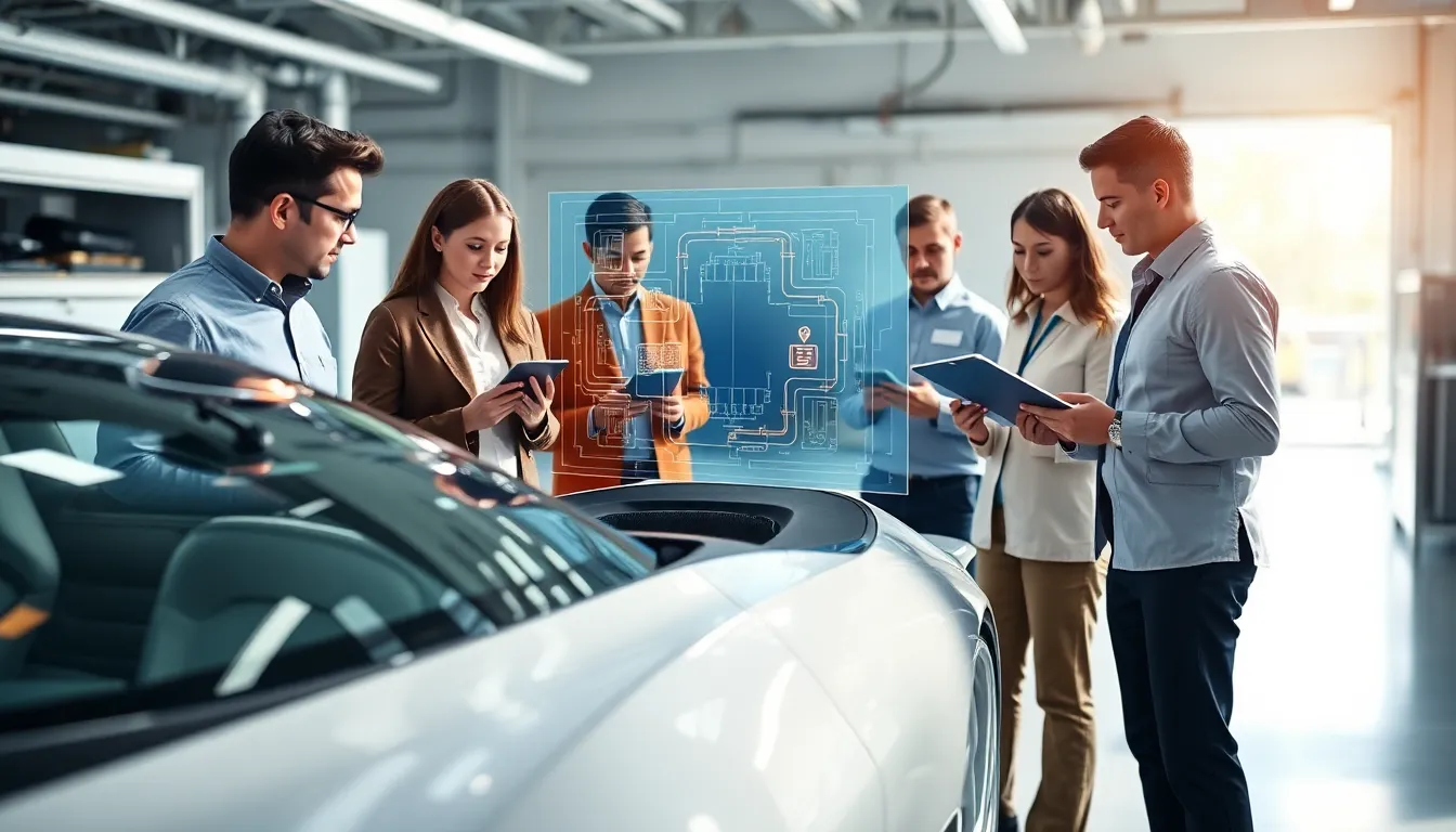 engineers examining thermal management systems in an electric vehicle.