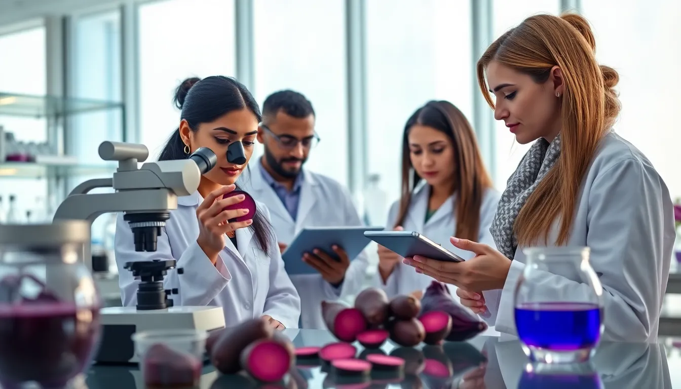 researchers studying purple biotech in a modern laboratory setting.