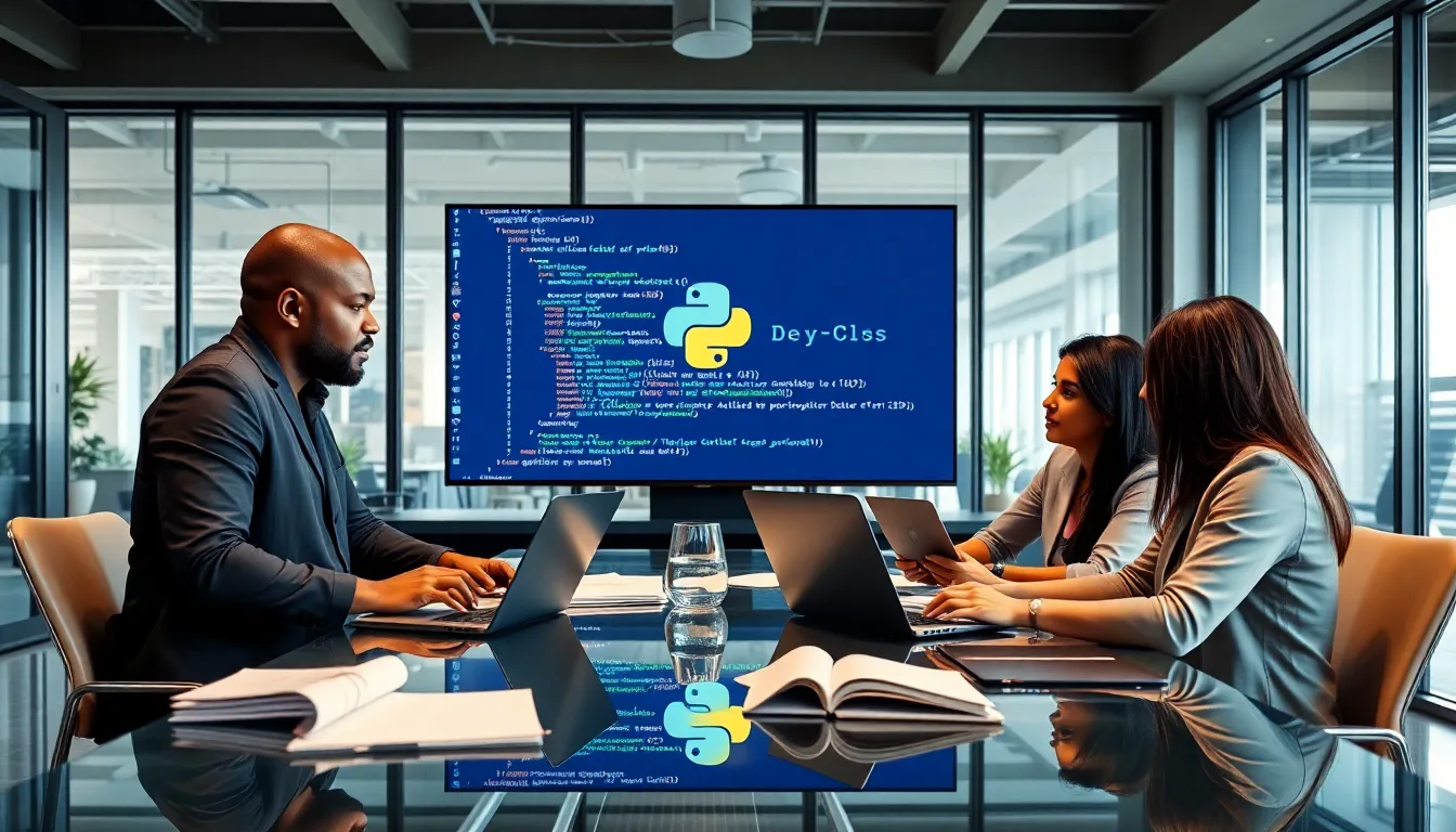 Diverse team collaborating on Python for DevOps in a modern office.