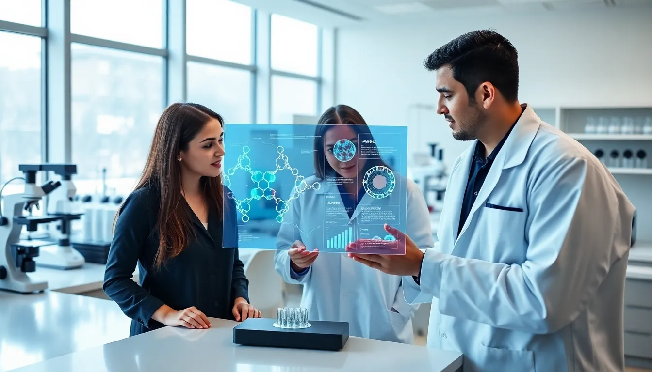 professionals collaborating in a modern biotechnology lab.